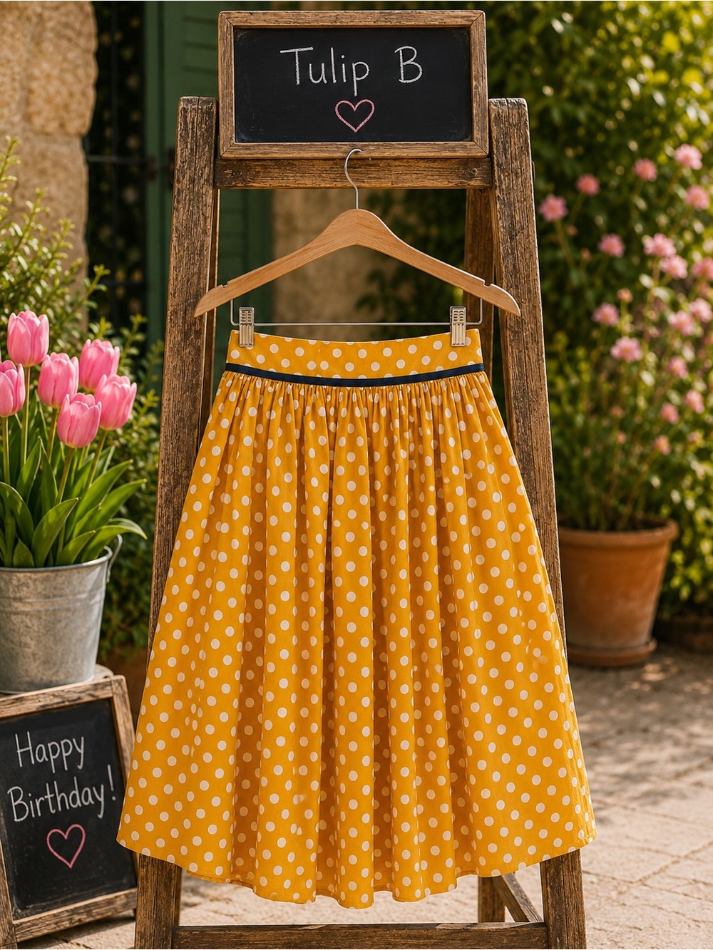 NWT Vintage-Inspired Mustard Polka Dot Midi Skirt Navy Trim Pockets Lined - Picture 2 of 7